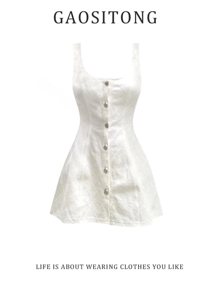GAOSITONG Women's Summer 2026 French-style Square-neck Sleeveless A-line Mini Dress with Diamond Pattern – Slim-fitting & Flattering
