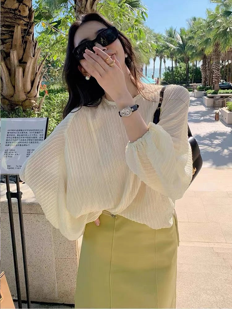 Xiaoxiangfeng light luxury street high-end design pleated sunscreen shirt long-sleeved tops for women 2023 summer new style
