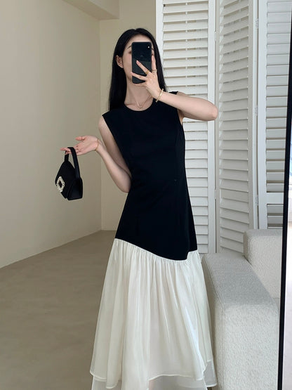 FT GUOGE black dress female 2024 summer new French style waist slim contrast color sleeveless long dress