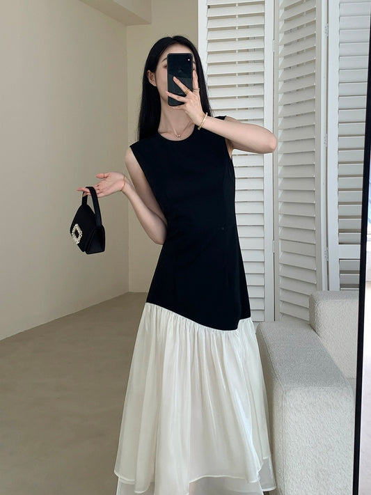 FT GUOGE black dress female 2024 summer new French style waist slim contrast color sleeveless long dress