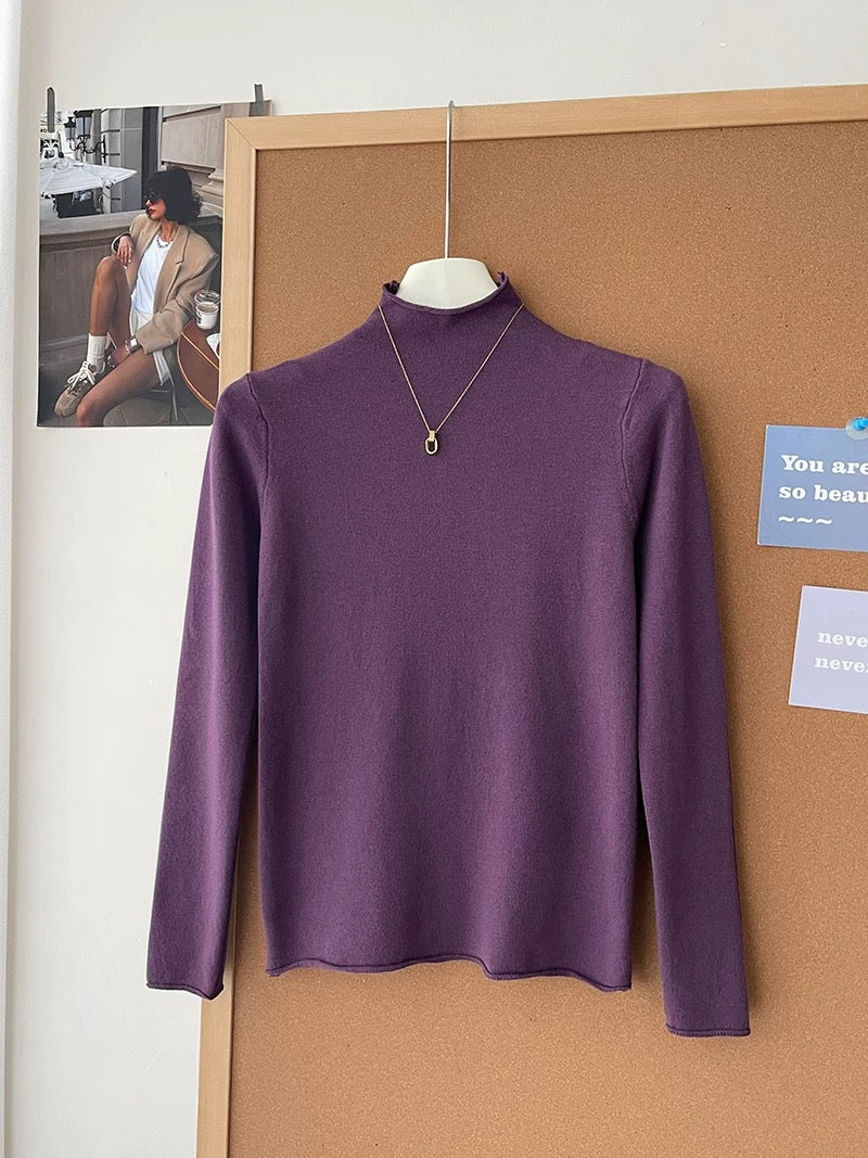 Retro soft and sticky cashmere rolled-edge turtleneck knit sweater for women, autumn and winter, gentle and versatile layering base layer top.