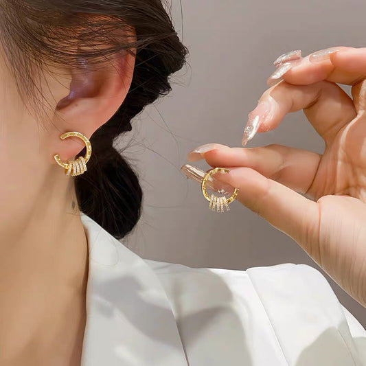 High-end Korean personality temperament earrings earrings golden zircon ring simple female earrings trendy small net red earrings