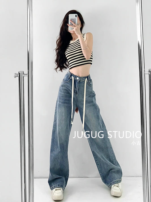 JUGUG2023 spring new wide-leg pants women's retro washed drawstring high waist loose casual mopping jeans