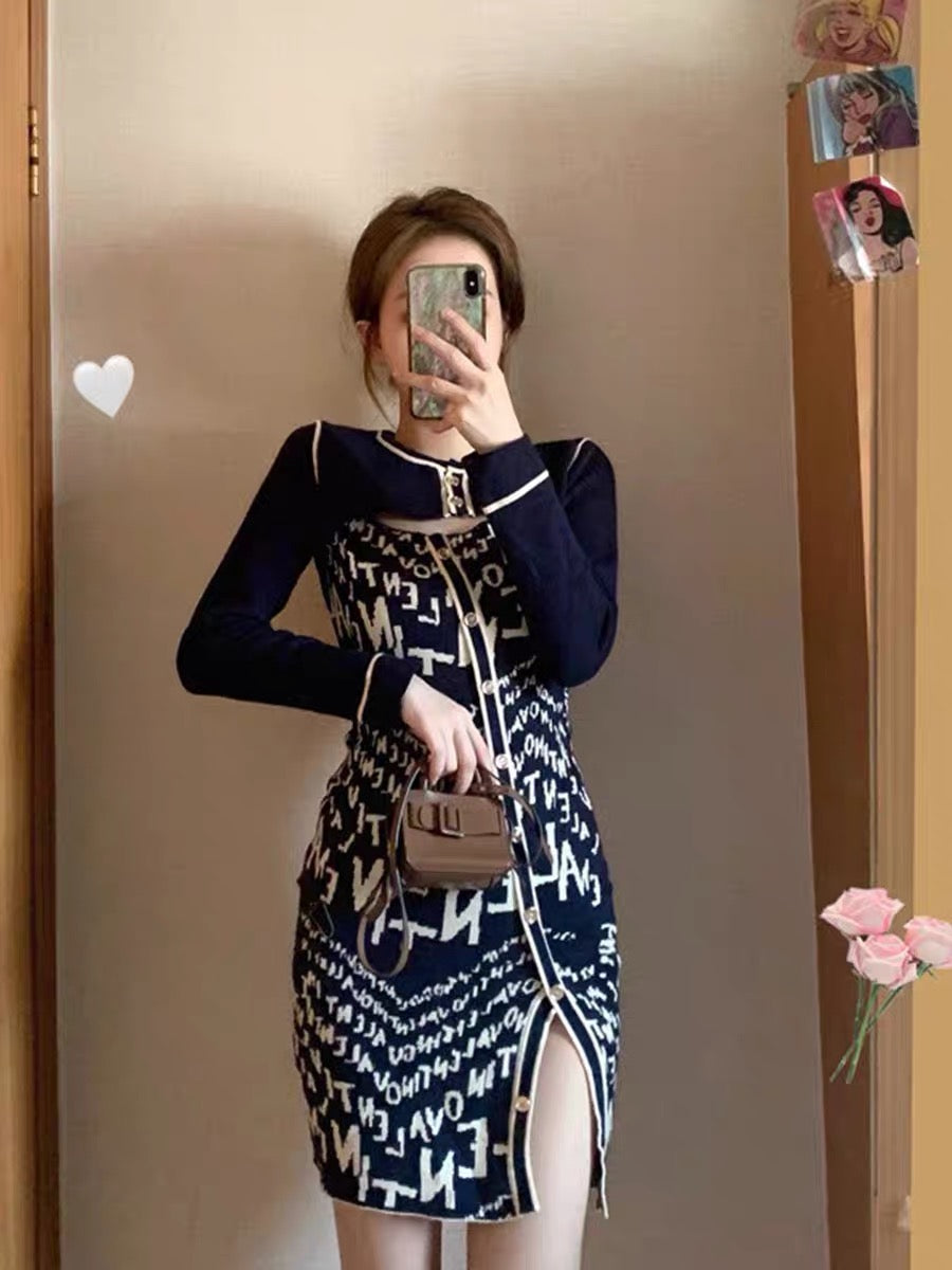High-end knitted suit for women 2023 new spring and autumn fashion retro temperament irregular slit skirt two-piece set