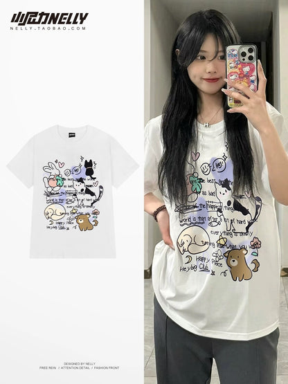 American chic fun cartoon print short-sleeved T-shirt for men and women summer loose round neck heavy cotton short-sleeved top