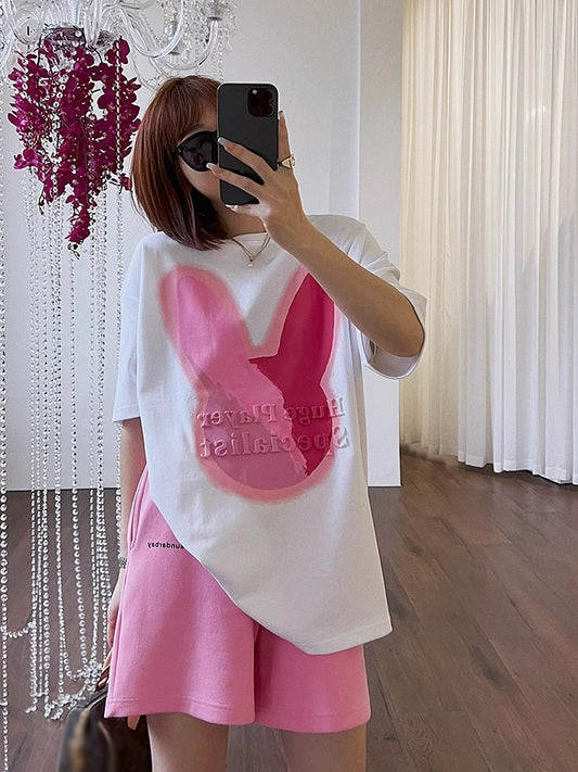 Summer rabbit print white short-sleeved t-shirt pure cotton loose top plus size women's mid-length t-shirt trendy brand