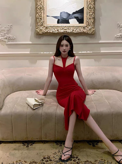 French red strapless Hong Kong style retro chic skirt for women summer high-end temperament slim goddess style dress