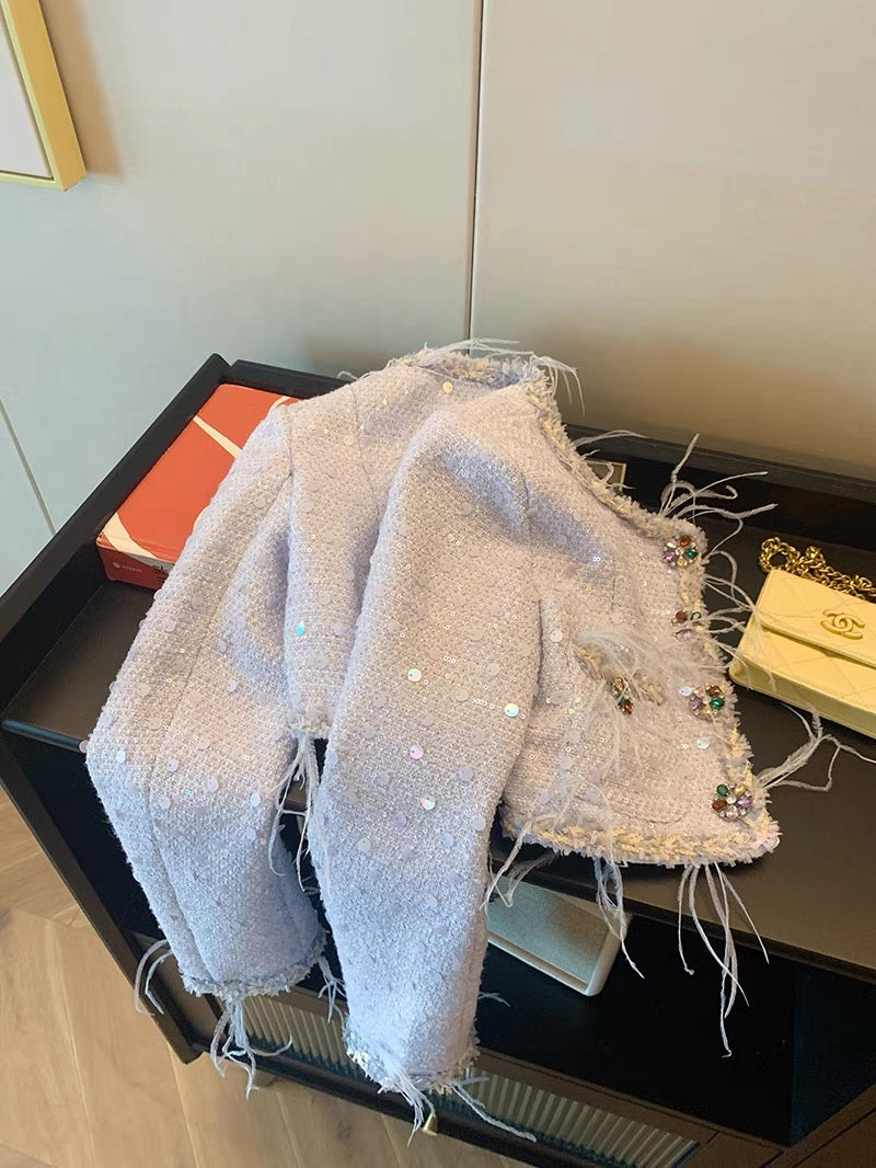 High-end heavy industry sequined feather short coat for women autumn and winter 2023 new style exquisite and super good-looking small fragrance top