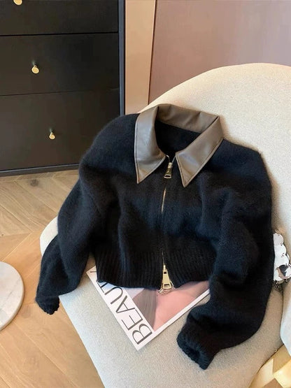 European goods high-grade leather POLO collar stitching knitted cardigan double-head zipper lazy style raccoon fleece sweater jacket for women
