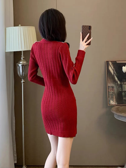 Lady style V-neck zodiac year knitted little red skirt women's autumn and winter new design double-breasted hip-hugging dress D7794