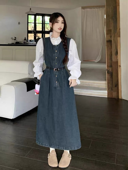 Early autumn new temperament retro denim dress suit women's suspender long skirt stand collar white shirt two-piece set (S0971)