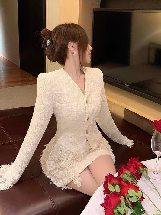 Celebrity Xiaoxiang Style Suit Women's Autumn and Winter Tweed Temperament Top High Waist Slim Tassel Half Skirt Two-piece Set