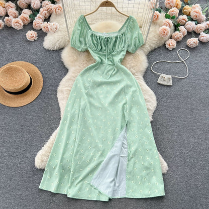 French pure desire high-grade floral puff sleeve dress for women summer slim temperament super fairy forest style slit long skirt