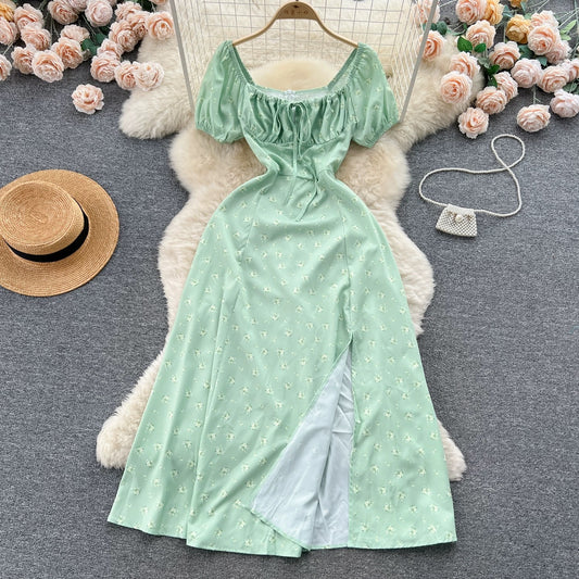 French pure desire high-grade floral puff sleeve dress for women summer slim temperament super fairy forest style slit long skirt