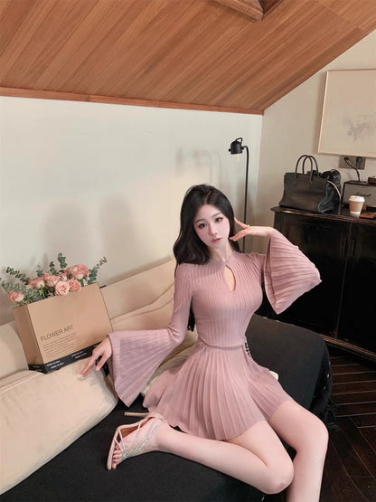 Hotdog Hot Dog is Spicy [Original Charming Daji Purple] Hollow Collar Dress Knitted Slim Skirt (D054)