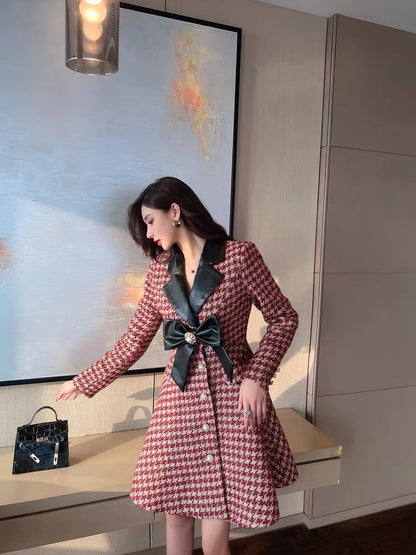 Celebrity Xiaoxiang style tweed bow dress women's winter new style waist-cinching cotton houndstooth suit skirt trendy