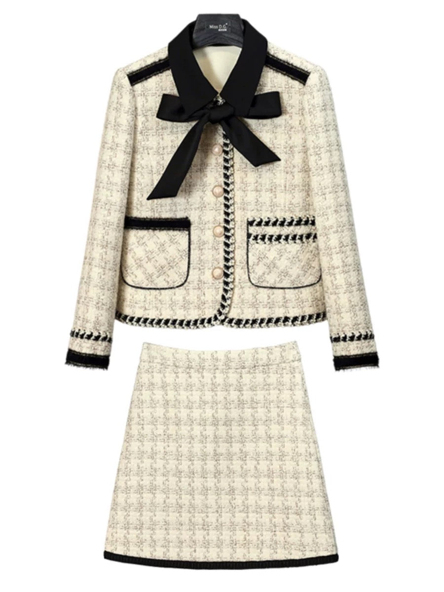 Miss DG small fragrance suit for women autumn and winter bow tie design short coat slimming skirt two-piece set