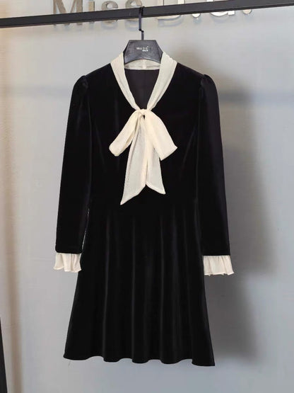 Miss DG high-end black dress 2023 autumn and winter v-neck bow design slimming skirt (D0685)