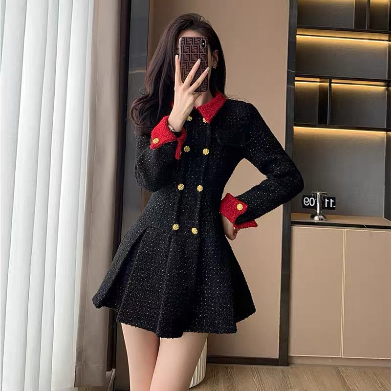 Early spring 2023 new tea break French Hepburn style small suit skirt for women high-end long-sleeved black dress