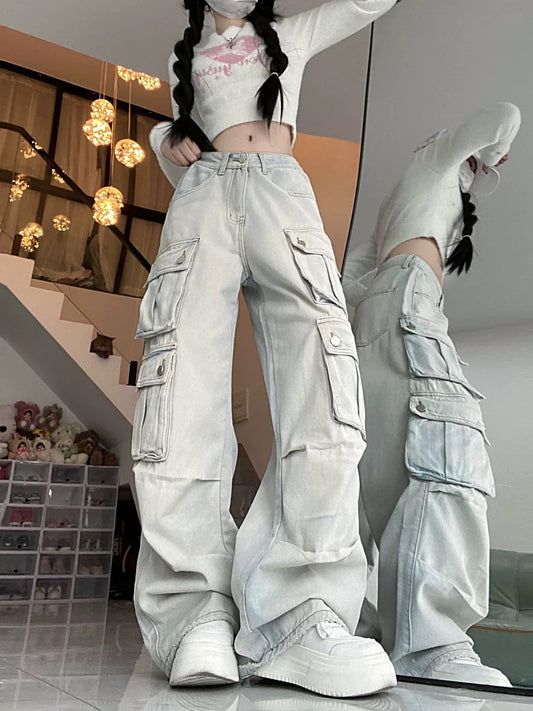 American high street washed light-colored work jeans for women in autumn loose trousers with multiple pockets and heavy-duty design pants