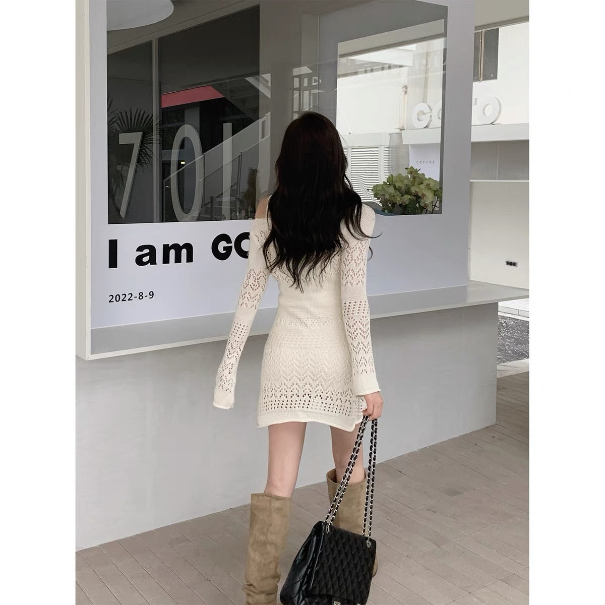 EUSKY IIWAN off-shoulder suspender knitted dress for women in autumn sexy pure desire slimming bottoming sweater skirt (D549)