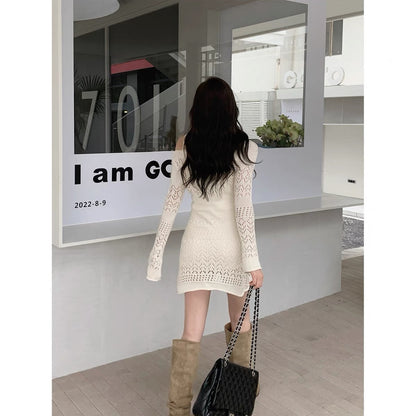 EUSKY IIWAN off-shoulder suspender knitted dress for women in autumn sexy pure desire slimming bottoming sweater skirt (D549)