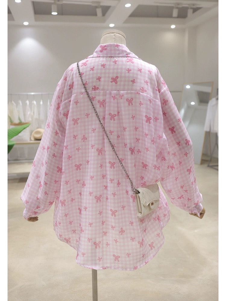 Drape light and thin bow bear hot diamond 2024 summer loose medium and long hip-length long-sleeved sun protection shirt for women