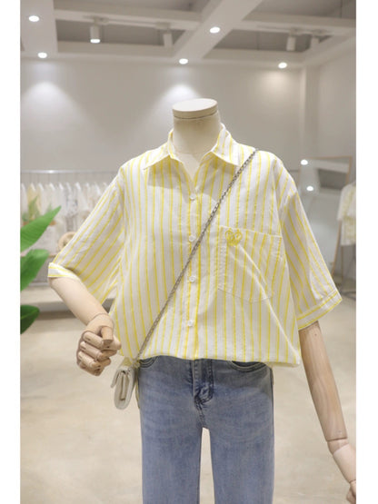 Simple pocket small love embroidery 2024 summer loose slim front short back long cotton short-sleeved striped shirt for women