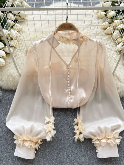 French palace style high-end mesh shirt for women in autumn with ribbon long-sleeved satin design niche and beautiful top trend