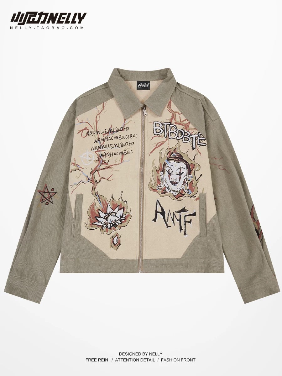 American retro splicing workwear heavy graffiti jacket men and women trendy brand printed motorcycle wear hip-hop casual jacket bf