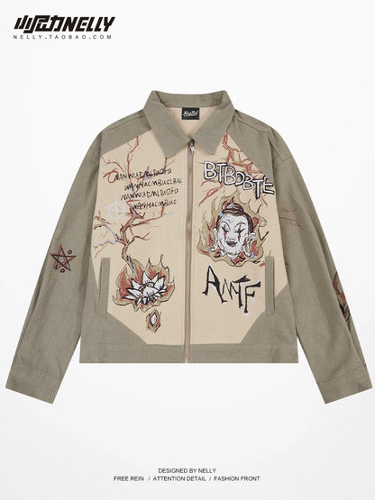 American retro splicing workwear heavy graffiti jacket men and women trendy brand printed motorcycle wear hip-hop casual jacket bf