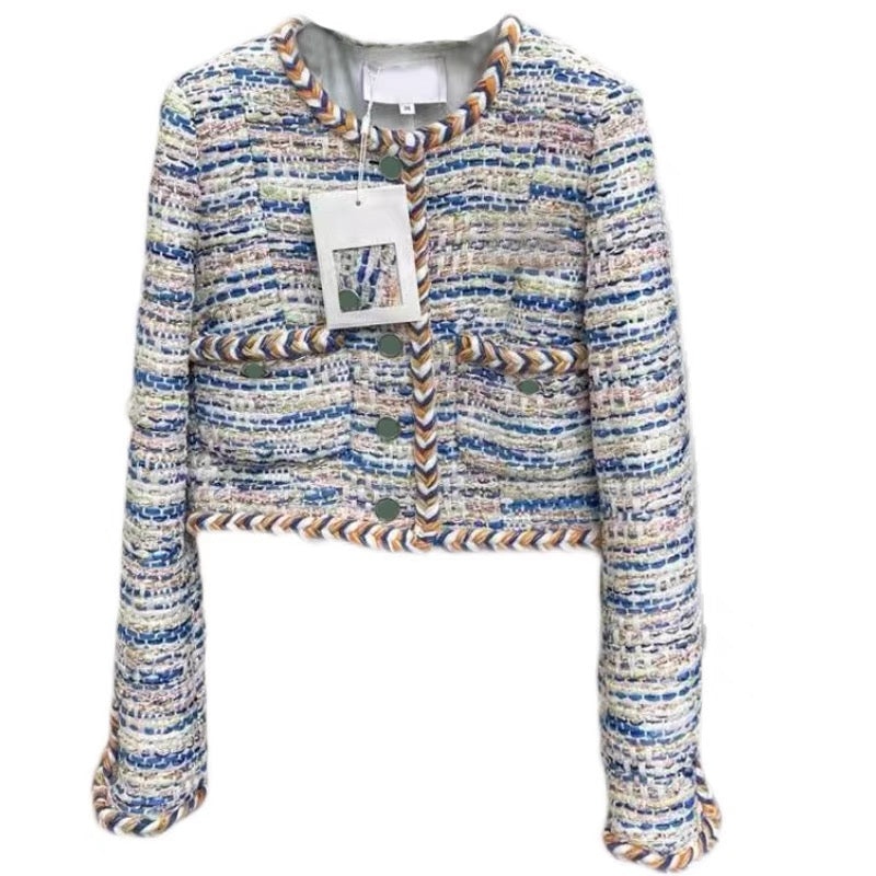 European Station 2023 Autumn and Winter Colorful Woven Wool Tweed Tops Temperament Socialite Small Fragrance Style Short Jackets Women