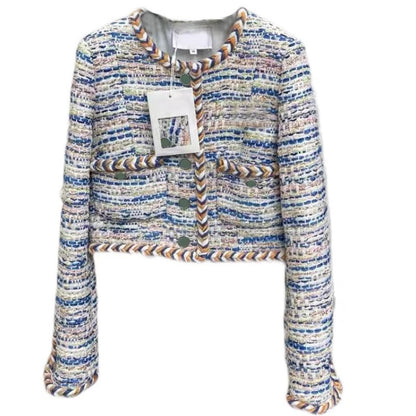 European Station 2023 Autumn and Winter Colorful Woven Wool Tweed Tops Temperament Socialite Small Fragrance Style Short Jackets Women