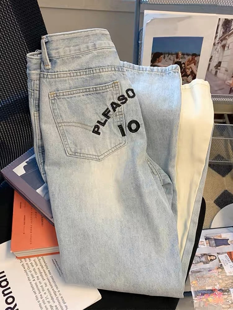 American trendy brand letter embroidery high waist jeans for men and women summer vibe wind drape slim casual wide leg pants