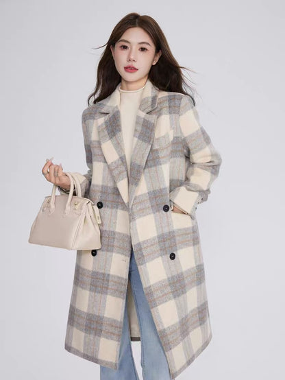 Volstagg plaid woolen coat for women autumn and winter Korean casual high-end temperament mid-length woolen coat
