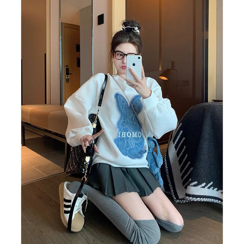 White heavy industry rabbit pullover sweatshirt for women spring and autumn 2023 new loose lazy style oversize round neck top