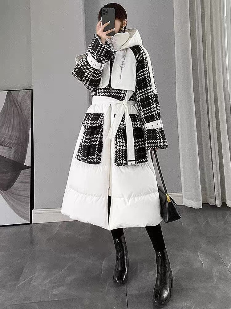 White down jacket for women 2023 new winter women's spliced long over-the-knee white duck down thickened hooded jacket