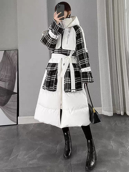 White down jacket for women 2023 new winter women's spliced long over-the-knee white duck down thickened hooded jacket