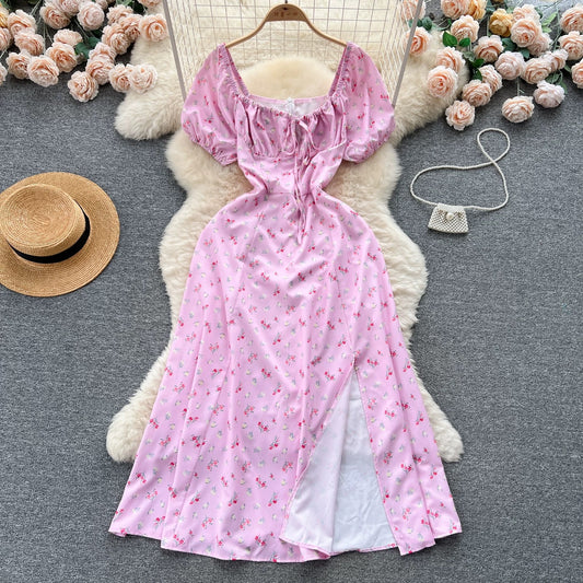 French pure desire high-grade floral puff sleeve dress for women summer slim temperament super fairy forest style slit long skirt