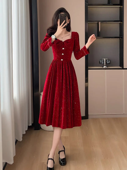 Autumn and winter new style retro temperament elegant light luxury high-end long skirt engagement red sequined mini dress dress