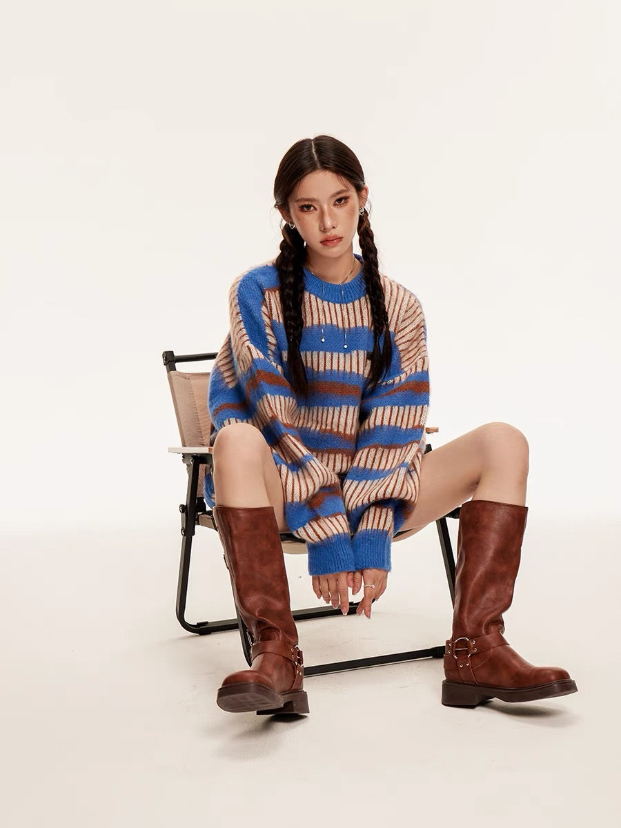 Sanowers American retro striped color-blocked mohair sweater for women in autumn and winter loose lazy style couple's knitted sweater (S0557)