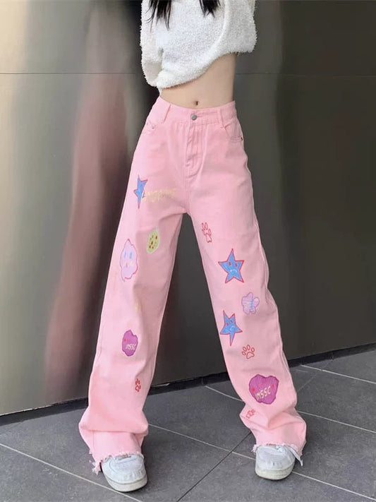 Japanese pink cartoon pattern jeans for women summer straight dopamine wear trousers design niche pants