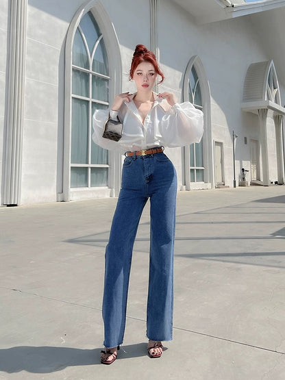 Versatile high-waisted jeans for women, retro raw edge, distressed, slimming wide-leg pants, flesh-covering trousers, floor-length pants, 2 colors