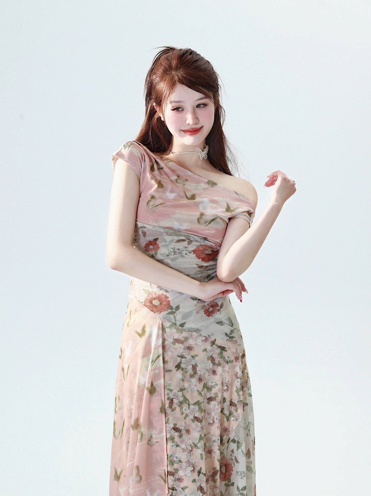 MOXI niche design stretch floral splicing sloping shoulder design slim dress exclusive travel long skirt