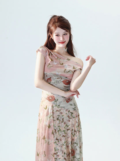 MOXI niche design stretch floral splicing sloping shoulder design slim dress exclusive travel long skirt