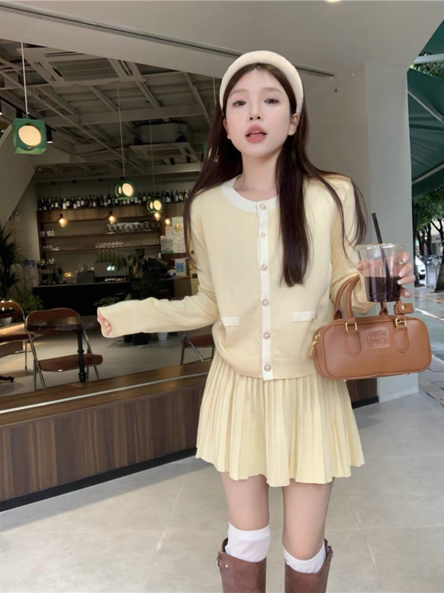 Sweet suit long-sleeved pink knitted sweater for women autumn high-waist pleated skirt skirt gentle style two-piece set