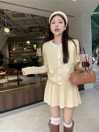 Sweet suit long-sleeved pink knitted sweater for women autumn high-waist pleated skirt skirt gentle style two-piece set
