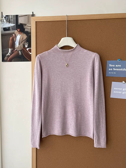 Retro soft and sticky cashmere rolled-edge turtleneck knit sweater for women, autumn and winter, gentle and versatile layering base layer top.