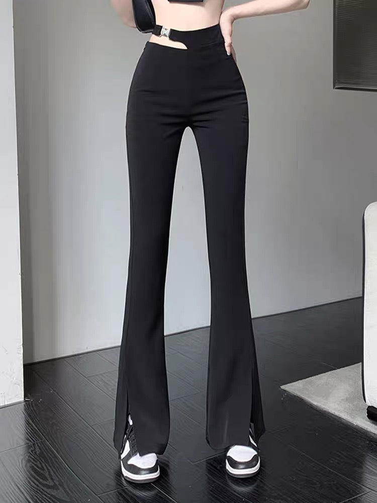 Hollow slit casual pants for women, high-waisted, slim-fitting, slightly  flared trousers, autumn thin wide-leg floor-length flared trousers (B3912)