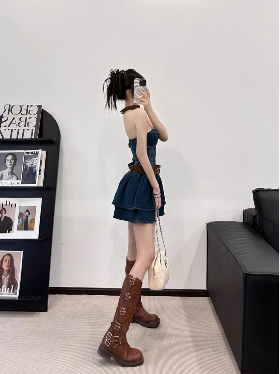 EUSKY IIWAN Retro denim sweet hottie tube top dress with waist slimming tutu short A-line skirt (D659)